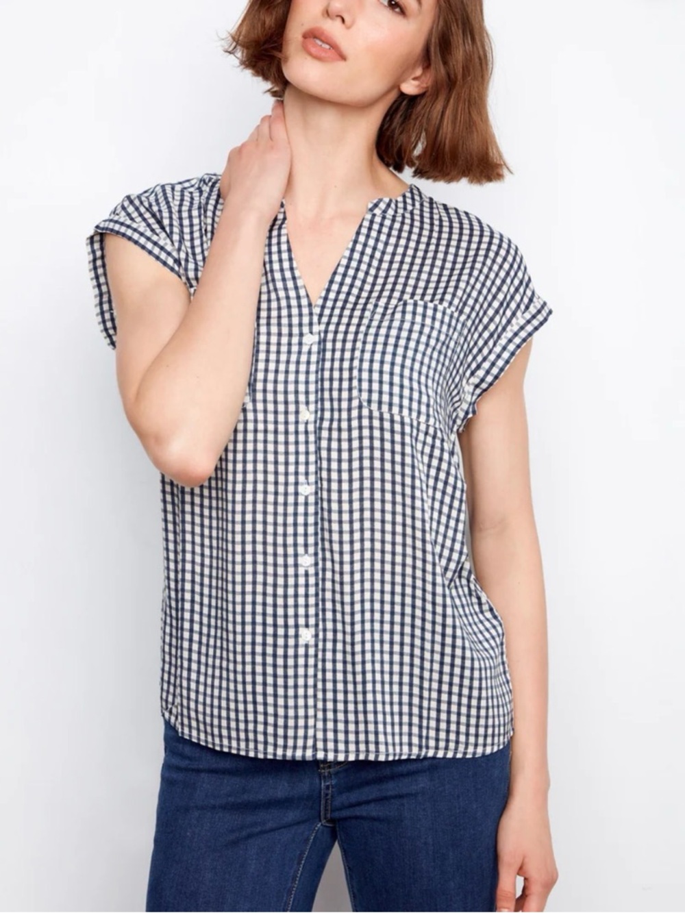 Charlie B Printed Gingham Button-Up Blouse in Marine Navy Medium New